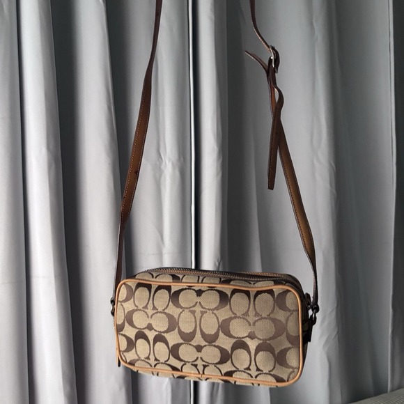 Coach Brown Signature Canvas Leather Trim Crossbody Baguette Shoulder Bag - Picture 1 of 8